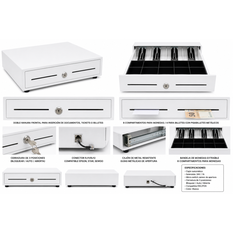 Cajón portamonedas automático HS-410 41x41 para TPV blanco