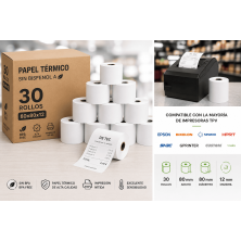 Pack 30 rollos papel térmico 80x80x12 sin BPA para TPV