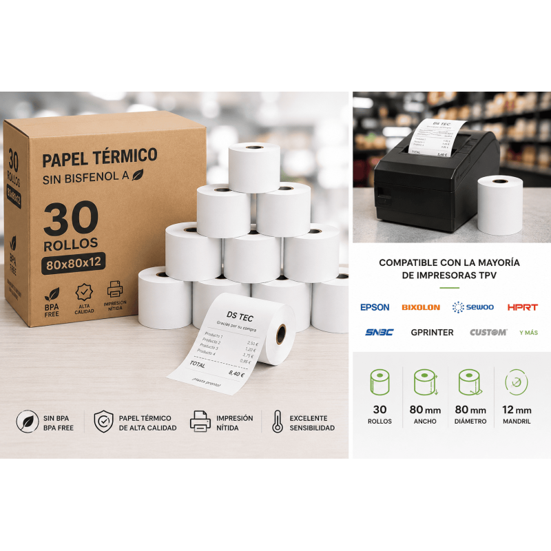 Pack 30 rollos papel térmico 80x80x12 sin BPA para TPV
