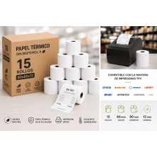 Pack 15 rollos papel térmico 80x80x12 sin BPA para TPV