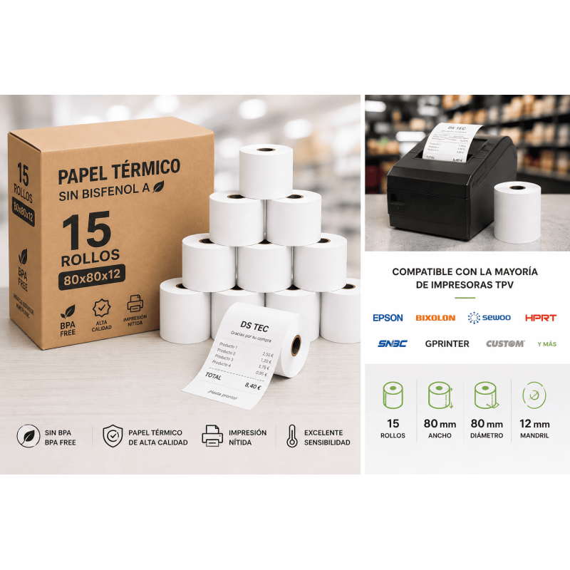 Pack 15 rollos papel térmico 80x80x12 sin BPA para TPV