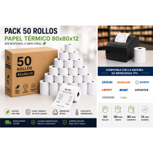 Pack 50 rollos papel térmico 80x80x12 sin BPA para TPV