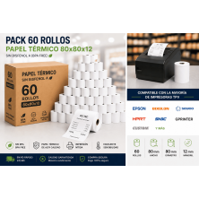 Pack 60 rollos papel térmico 80x80x12 sin BPA para TPV
