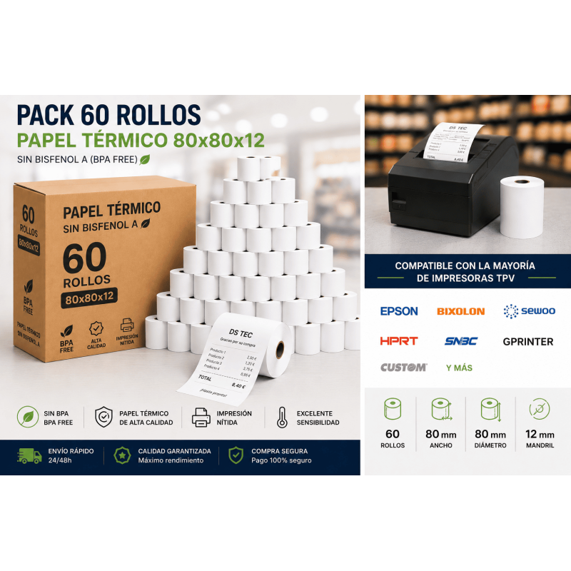 Pack 60 rollos papel térmico 80x80x12 sin BPA para TPV