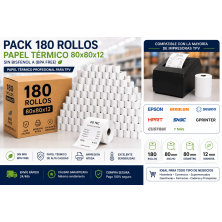 Pack 180 rollos papel térmico 80x80x12 sin BPA para TPV