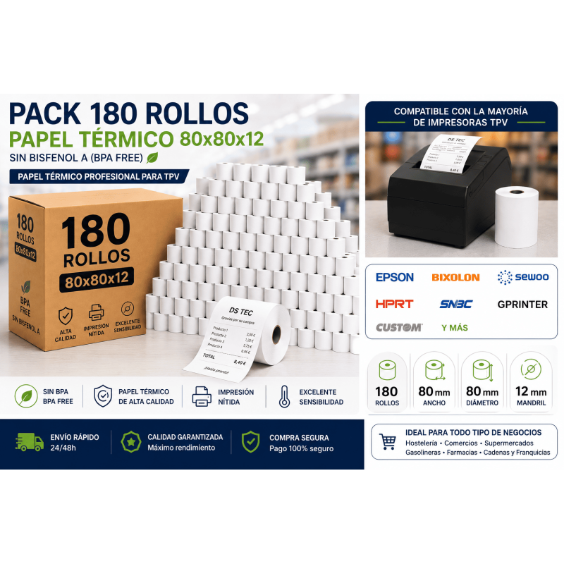 Pack 180 rollos papel térmico 80x80x12 sin BPA para TPV