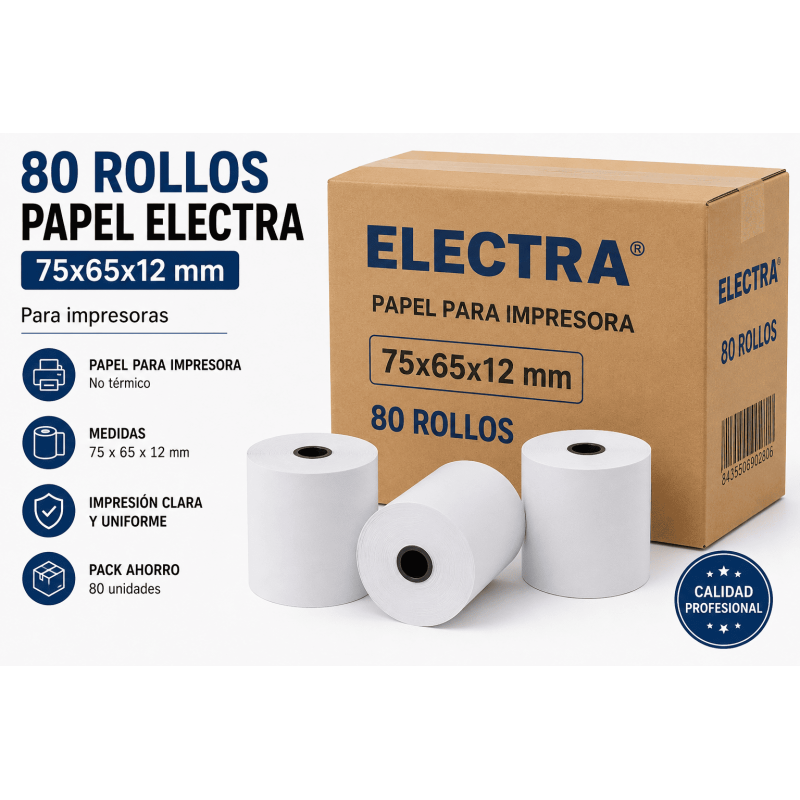 Pack 80 rollos papel Electra 75x65x12 para impresora