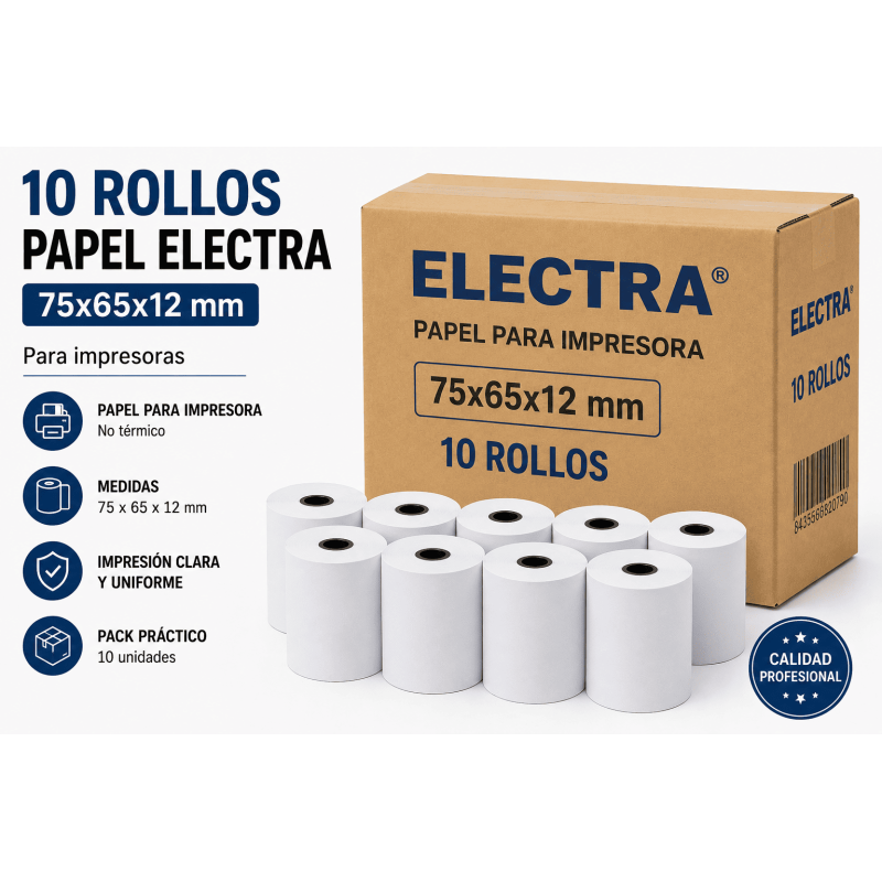 Pack 10 rollos papel Electra 75x65x12 para impresora