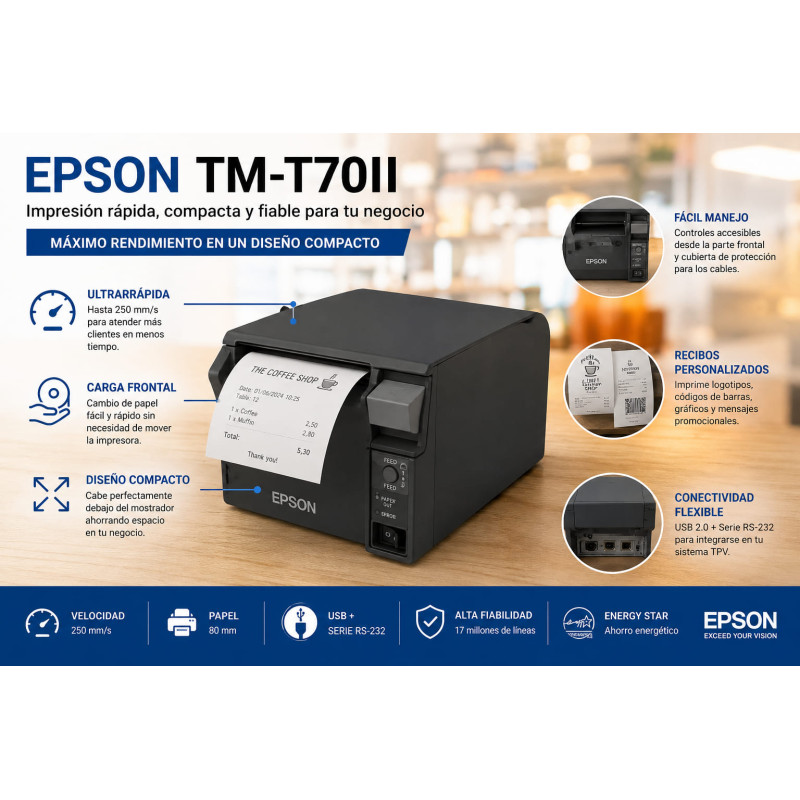 Impresora térmica Epson TM-T70II USB + Serie