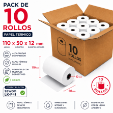 Pack de 10 rollos de papel térmico 110x50x12 sin BPA